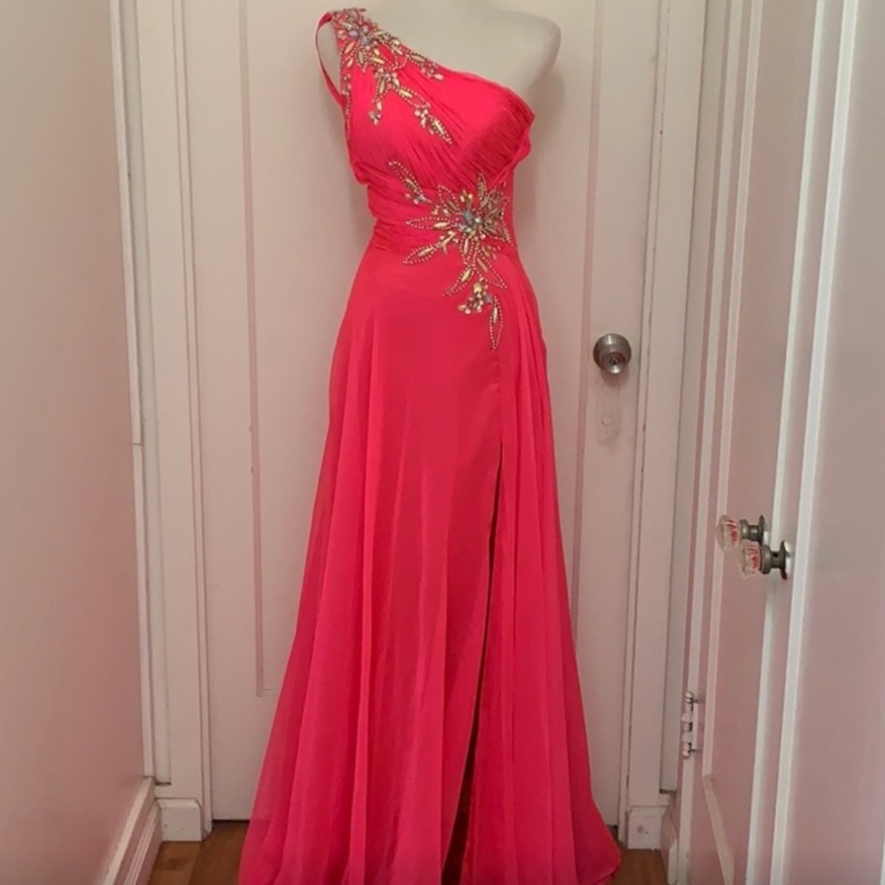 Hot pink one shouldered rhinestoned gown